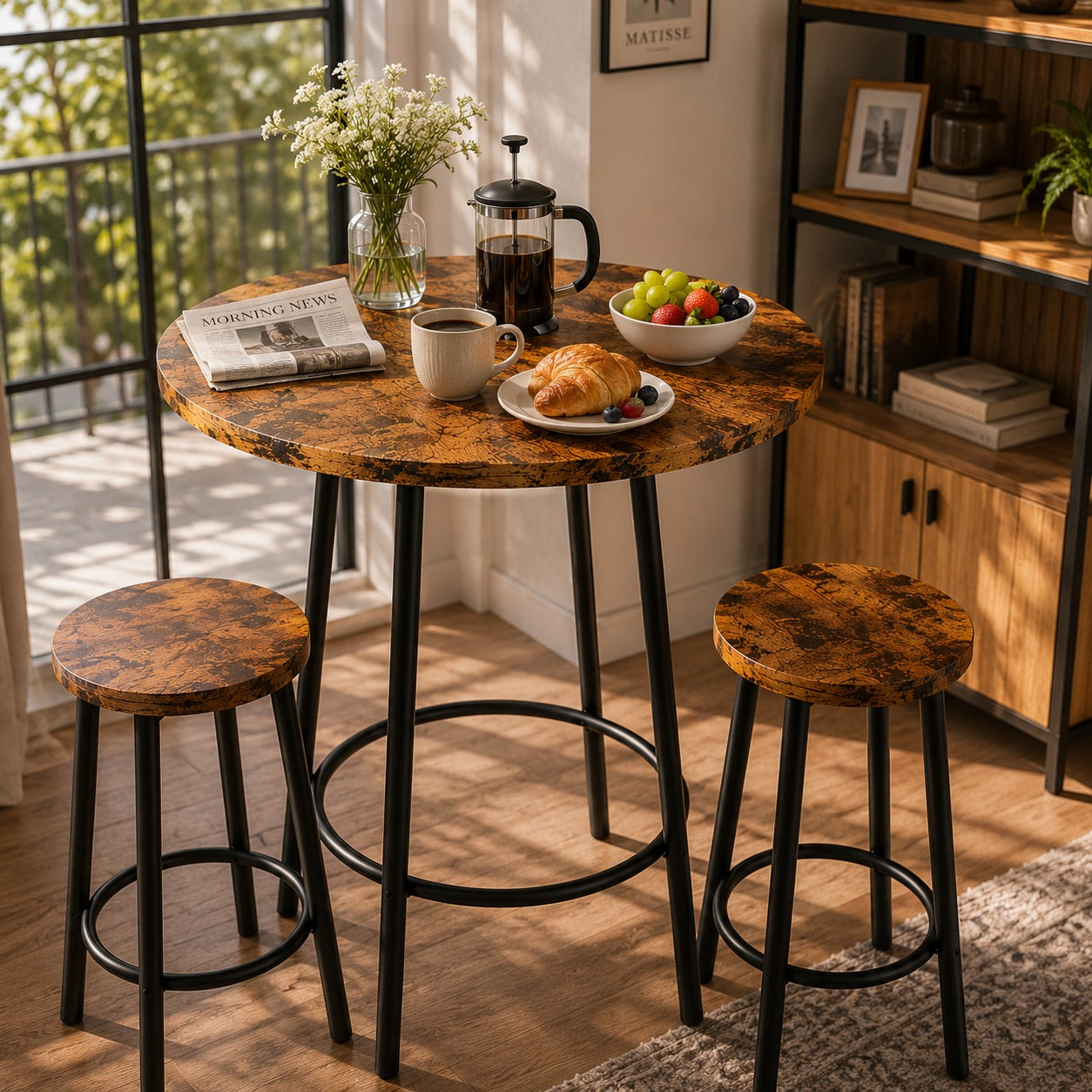 Woodx 3 Piece Pub Table Set, Modern Round Bar Table with 2 Stools Set