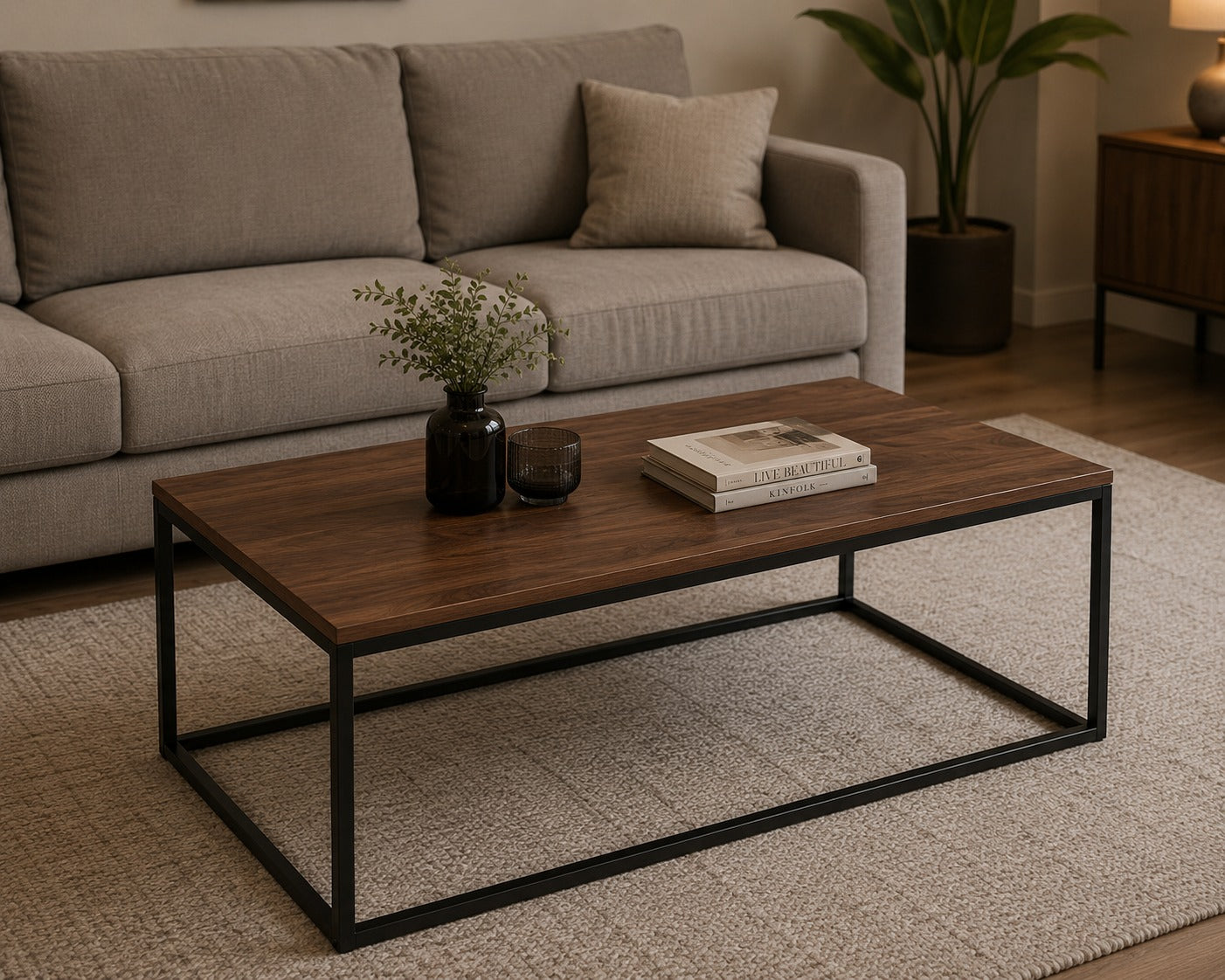 Modern Wood and Metal Frame Open Rectangle Coffee Accent Table Living Room