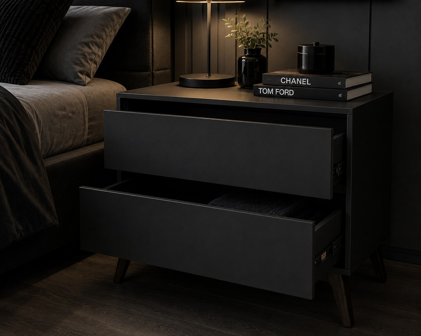 Wood Nightstand Bedside Table Cabinet with Drawers (Color : Black)