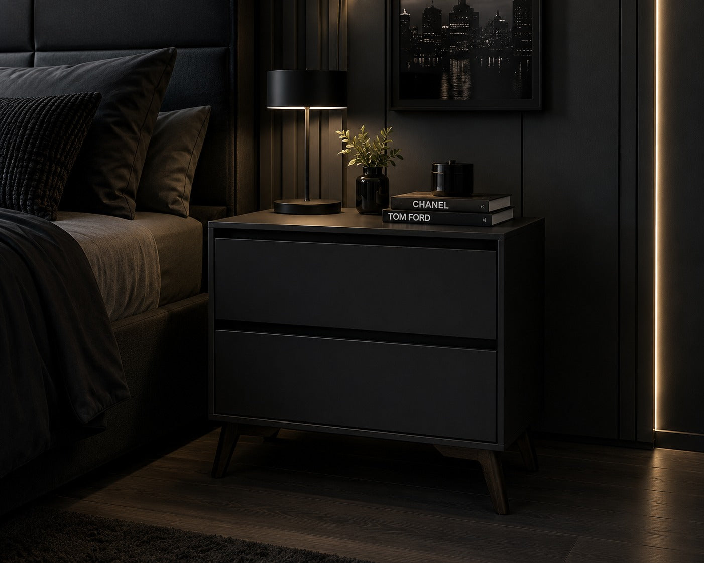 Wood Nightstand Bedside Table Cabinet with Drawers (Color : Black)