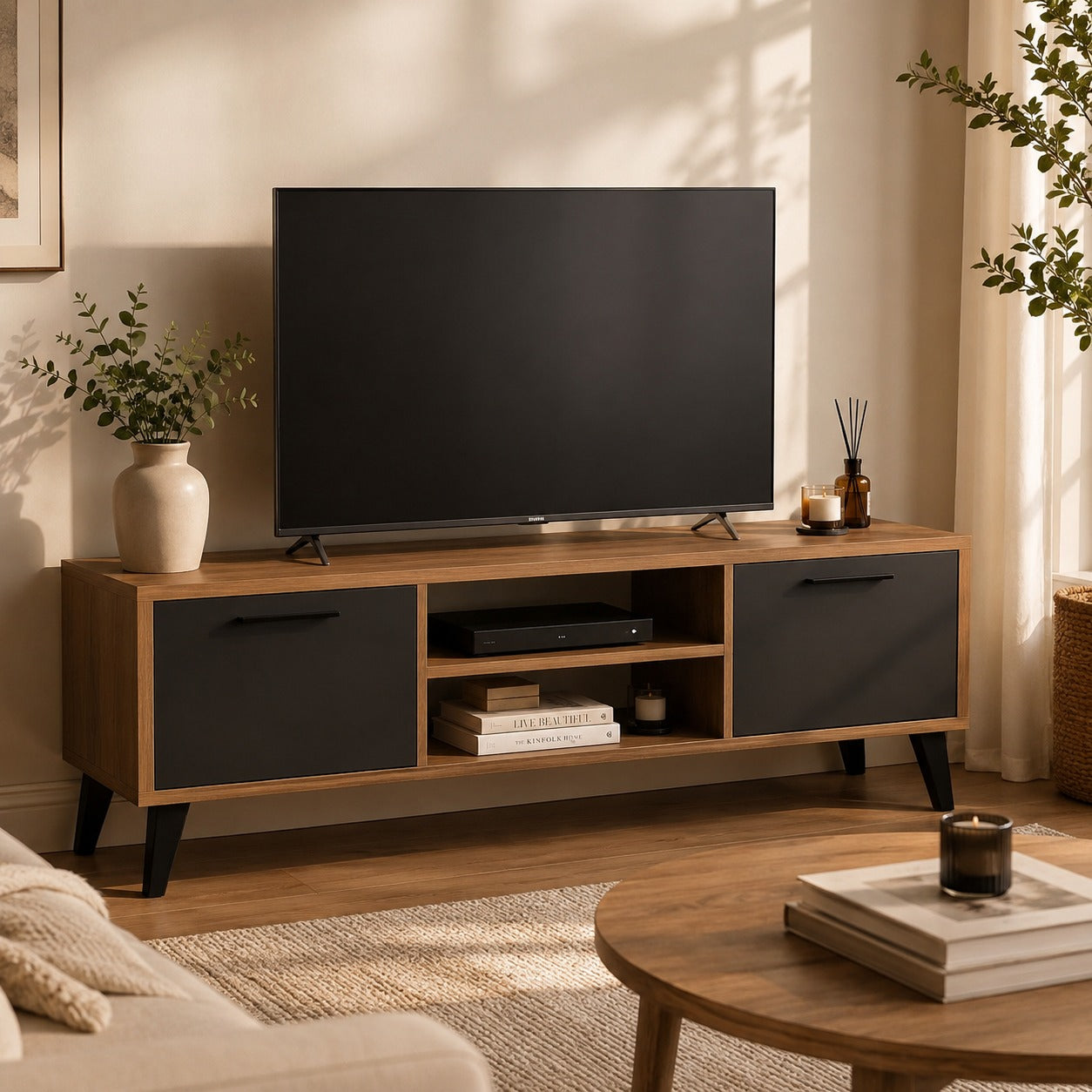 tv Stand with Media Shelf - Corner Book Shelf, Wooden Storage for Living Room