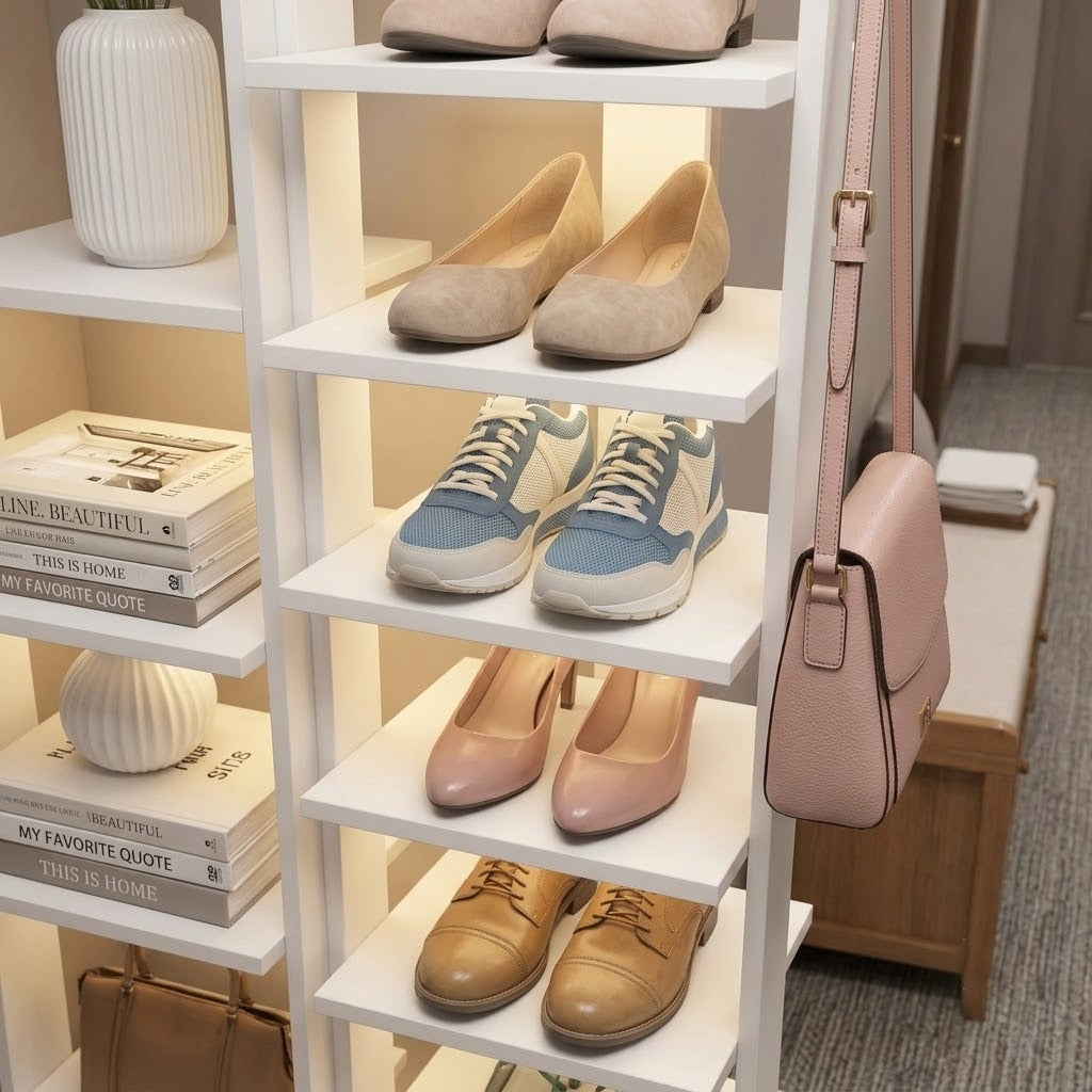 10-Tier Narrow Shoe Rack – White Wooden Shoe Storage Tower for Entryway, Hallway, Bedroom & Closet