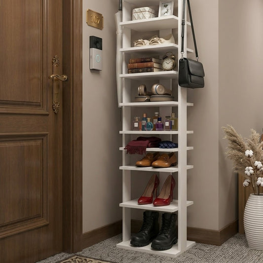 10-Tier Narrow Shoe Rack – White Wooden Shoe Storage Tower for Entryway, Hallway, Bedroom & Closet