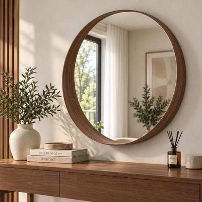 Modern Round Wood-Framed Wall Mirror