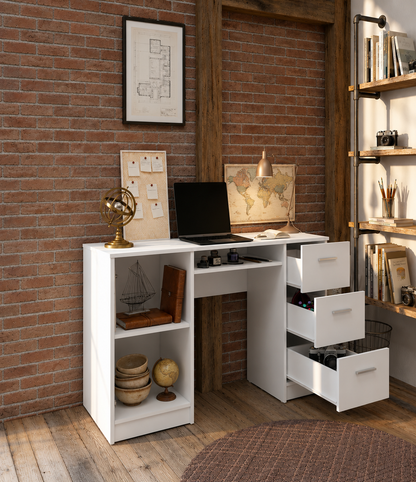 Modern Computer Desk with Storage Cabinet & 3 Drawers – Home Office Writing Desk, White