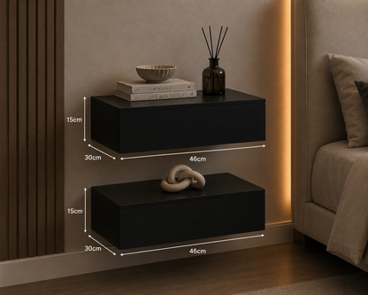 Oslo Wall Shelf with Drawer Set of 2 Bedside Table Floating Bedside Table Hanging Shelf Wall Board Night Console 46 x 30 x 15 cm Black High Gloss