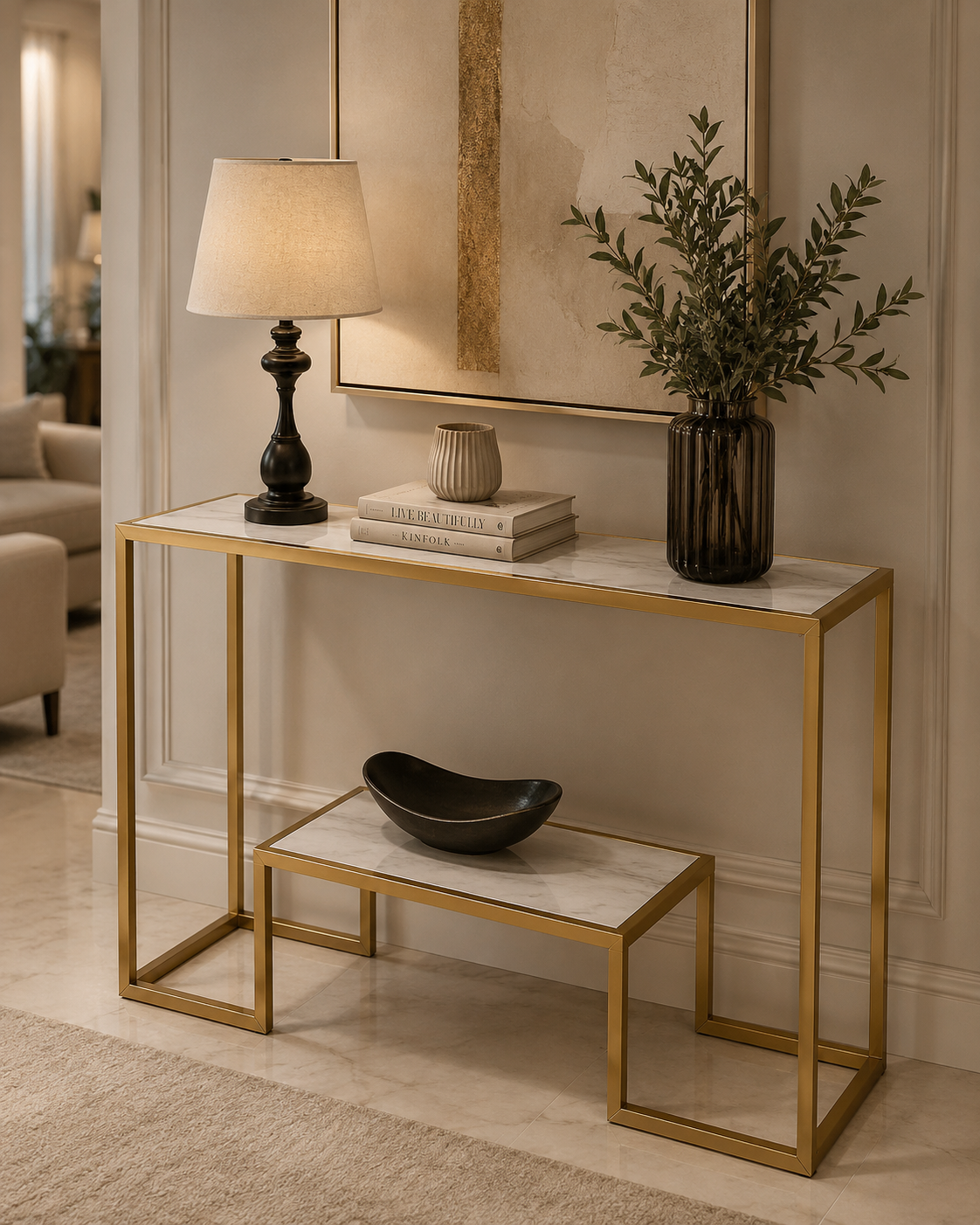 2-Tier Console Table with Faux Marble Tabletop