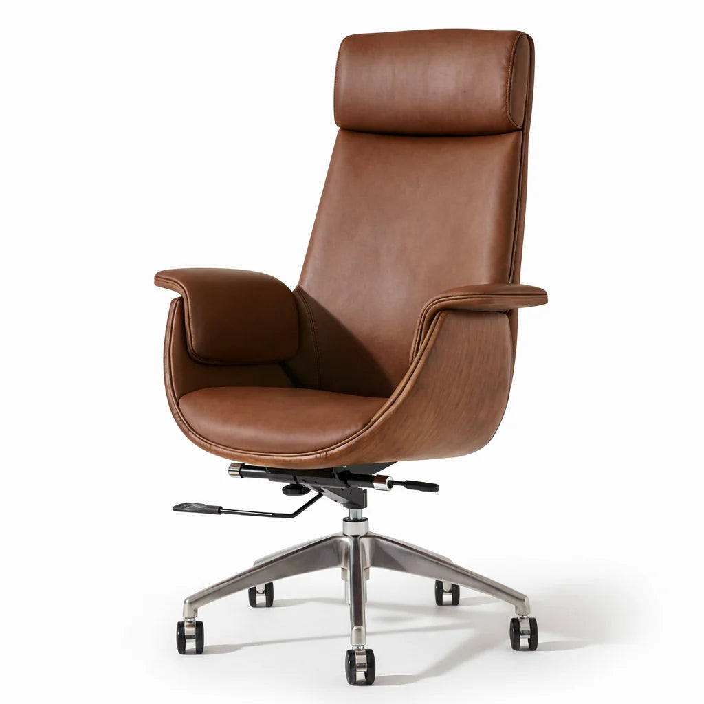 Modern Executive Reclining Office Chair with Padded Headrest & Wooden Accents