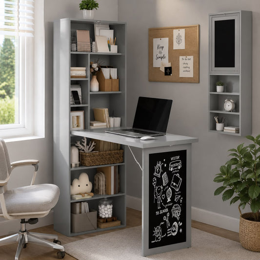 HOMCOM Fold-out Convertible Writing Desk Wall Mount Cabinet with Blackboard and Side Shelf Multi-Function Home Office Workstation, Grey 98 x 51 cm