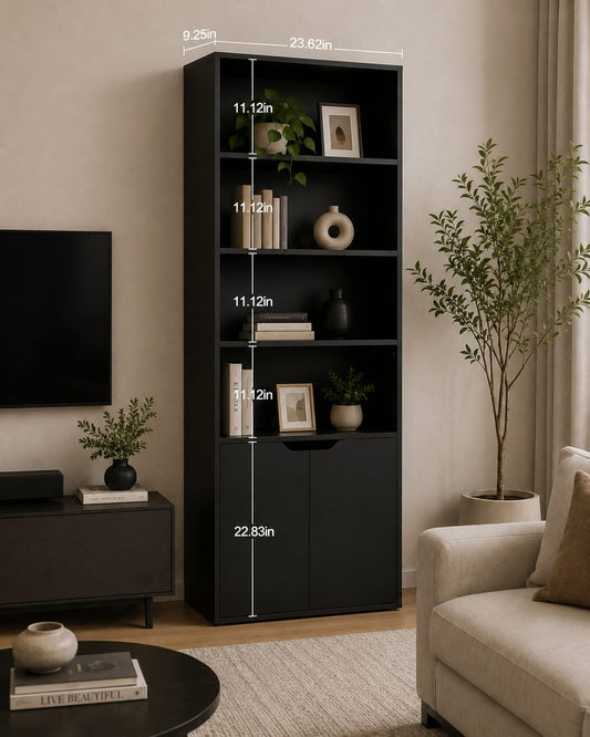 Panana 6 Tier Bookcase with 2 Doors, Wooden Cube Shelves Soild Wood Tall Bookshelf Storage Cupboard Organizer Display Free Standing Unit (Black)