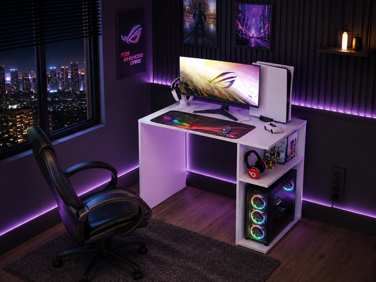 Madesa Compact Gaming Computer Desk with 2 Shelves, Cable Management and Large Monitor Stand, Wood, 21" D x 39" W x 30" H - White