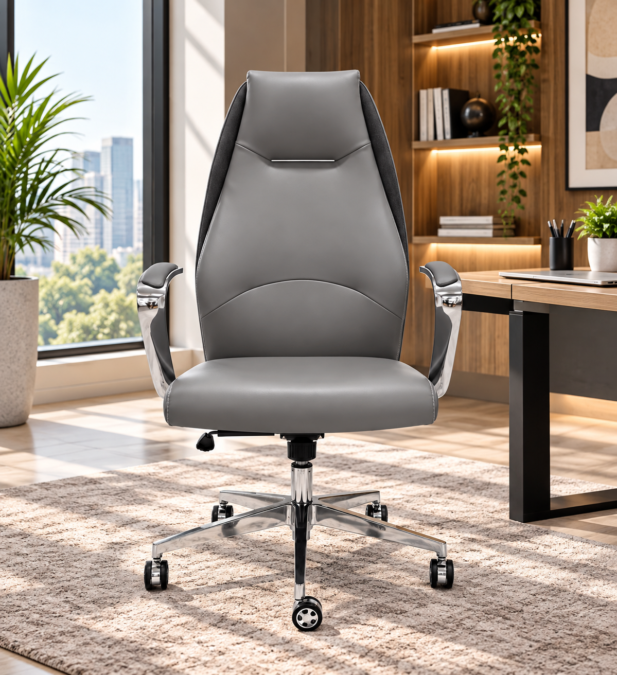 Modern Executive High-Back Office Chair with Padded Seat & Chrome Armrests
