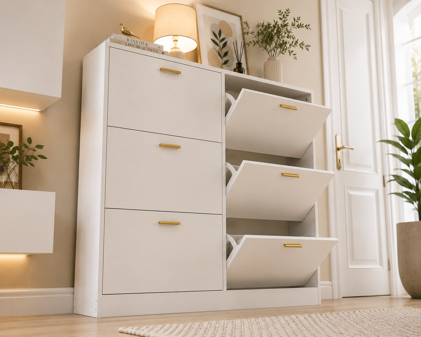 Narrow Shoe Storage Cabinet with 3 Flip Drawers