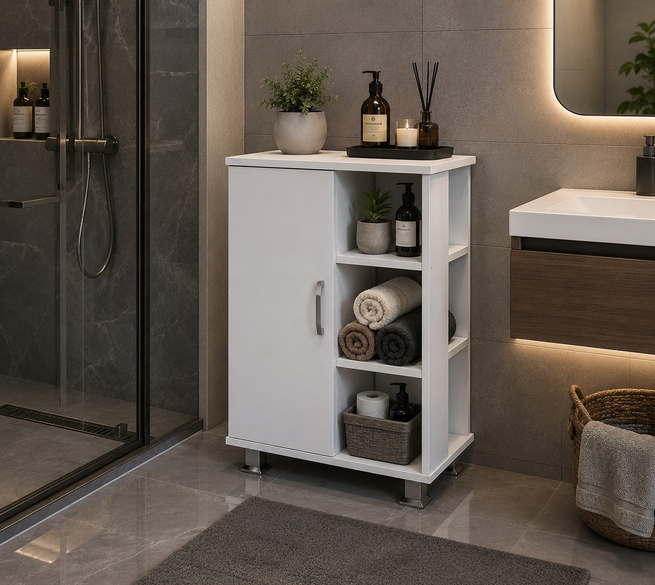 bathroom shelving Unit has 2 doors and 3 shelves White.