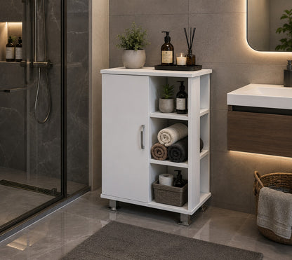 bathroom shelving Unit has 2 doors and 3 shelves White.