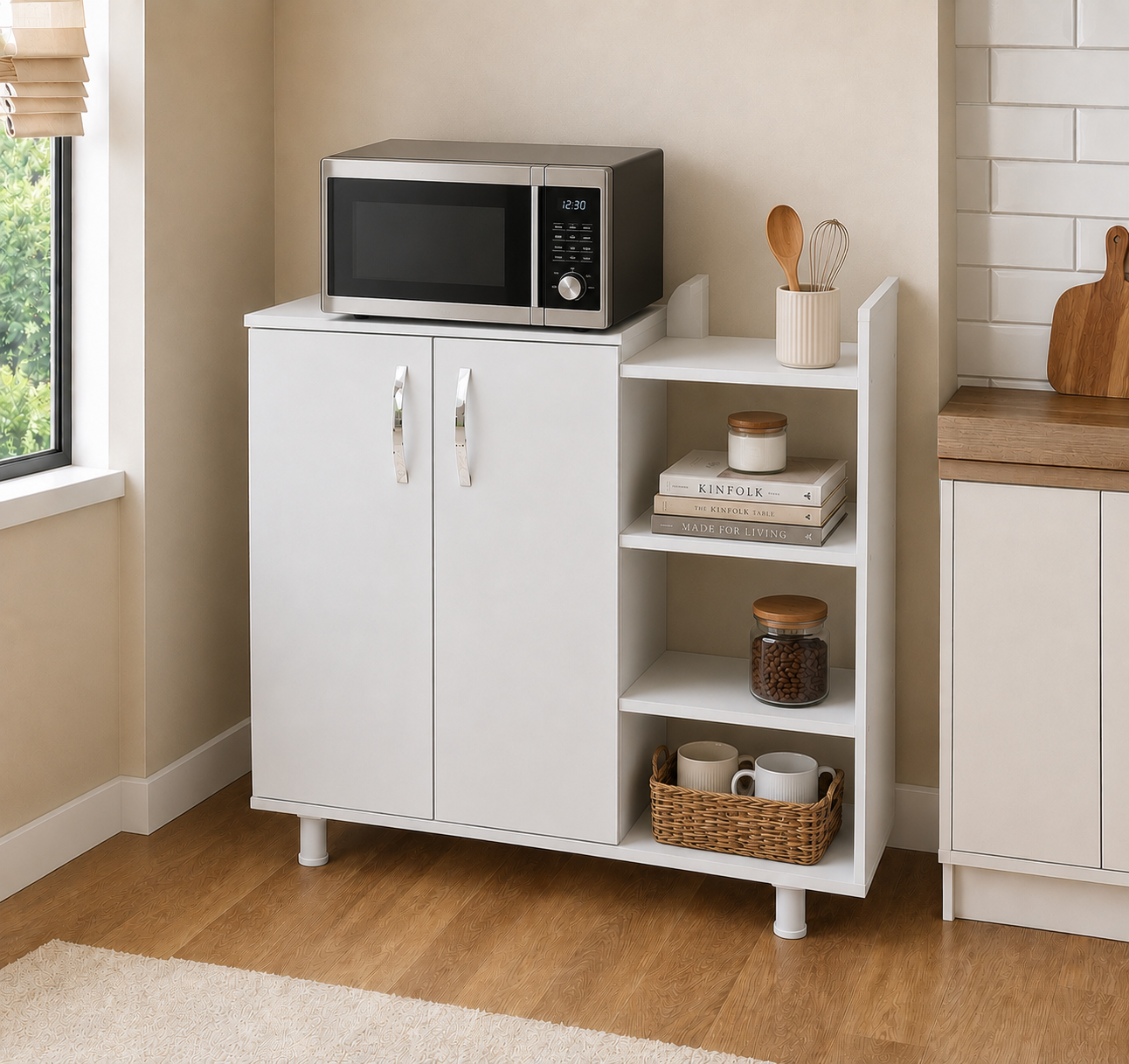 Modern Kitchen Storage Cabinet with Open Shelves – Microwave Stand & Pantry Organizer, White