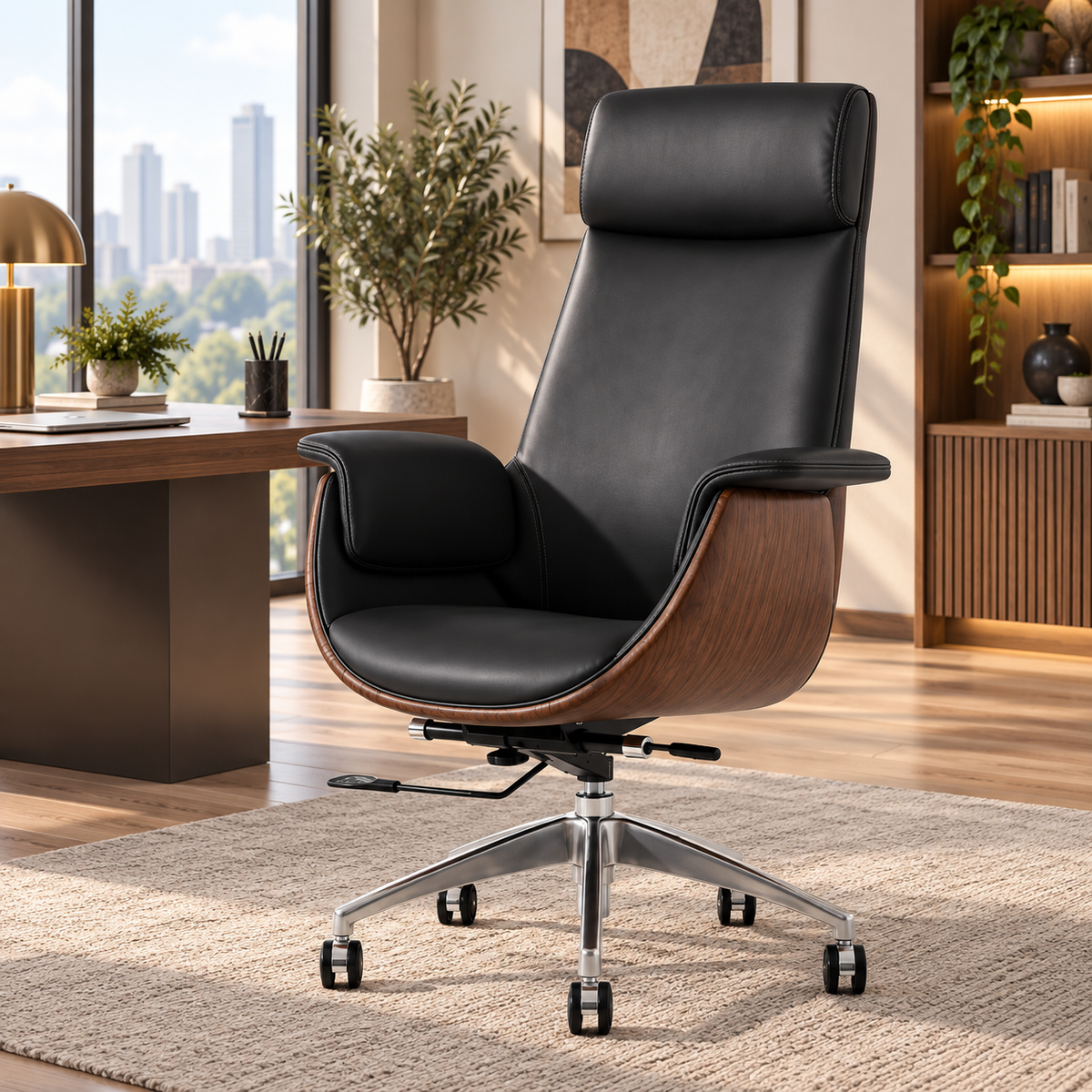 Modern Executive Reclining Office Chair with Padded Headrest & Wooden Accents