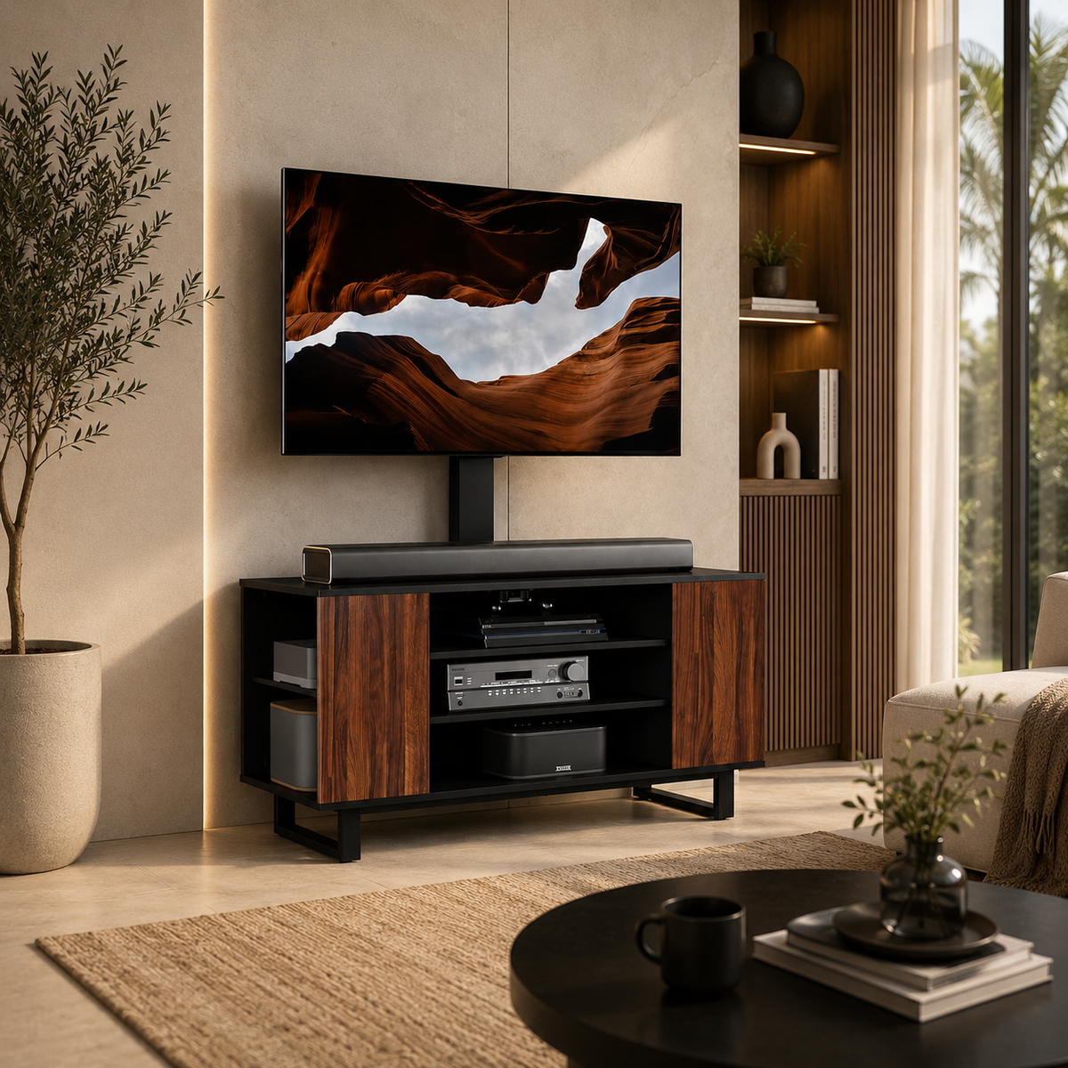 Modern Mid-Century TV Stand with Sliding Doors
