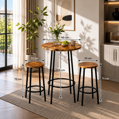 Industrial Counter-Height Dining Table with Two Matching Stools and Black Metal Frames