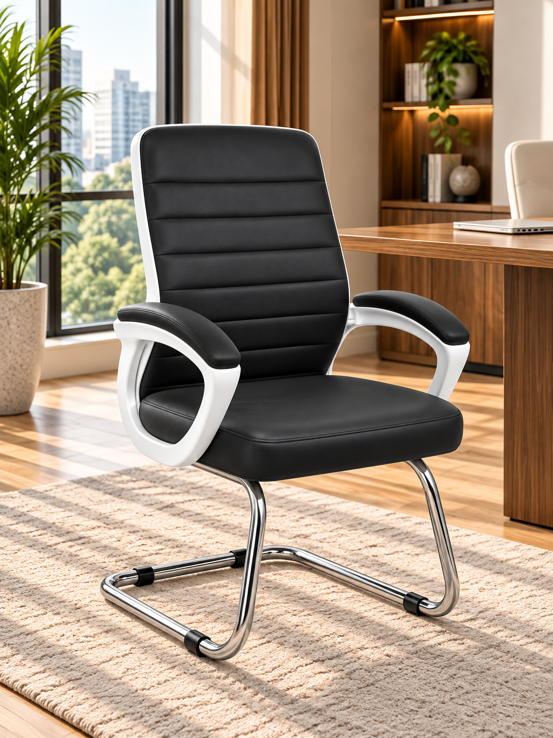 Modern Ergonomic Leather Office Chair with Fixed White Frame and Casters