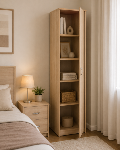 Tall Single-Door Storage Cabinet – Freestanding Utility Organizer Closet with Shelves, Oak Finish