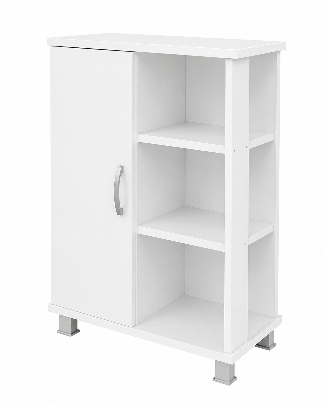 bathroom shelving Unit has 2 doors and 3 shelves White.