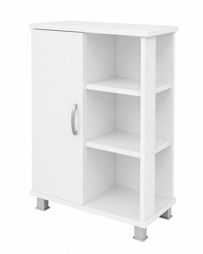 bathroom shelving Unit has 2 doors and 3 shelves White.