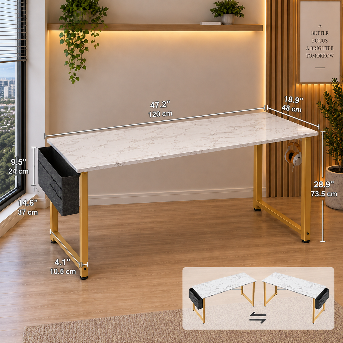 Modern Marble-Top Computer Desk with Storage