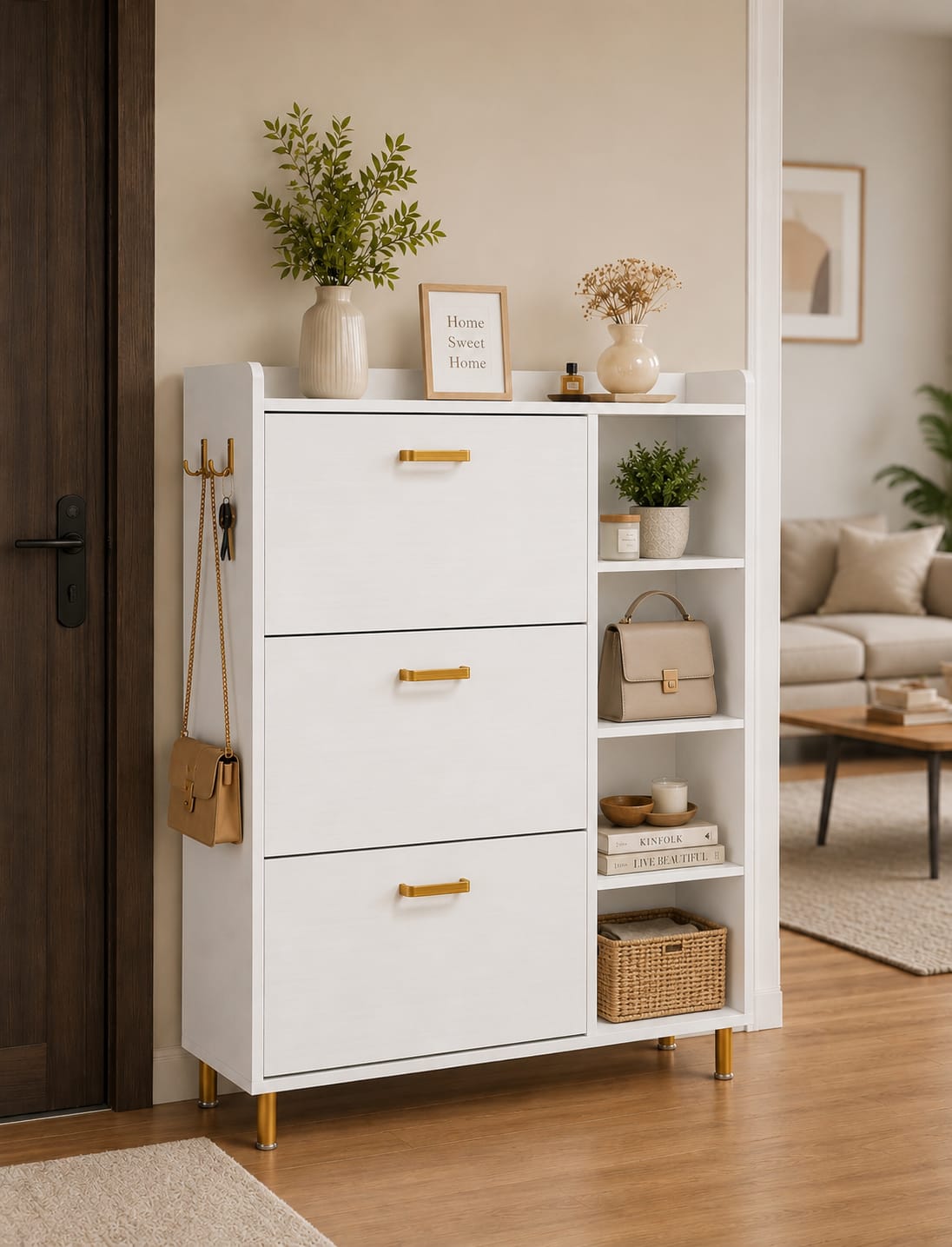 Tribesigns Flip Drawers Shoe Cabinet, Shoes Storage Cabinet with 3 Flip Drawer and 5 Shelves, Modern White Golden Shoes Storage Organizer Cabinet for Closet, Living Room, Bedroom