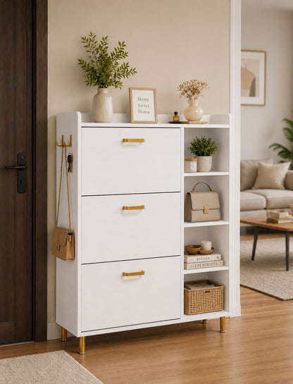 Tribesigns Flip Drawers Shoe Cabinet, Shoes Storage Cabinet with 3 Flip Drawer and 5 Shelves, Modern White Golden Shoes Storage Organizer Cabinet for Closet, Living Room, Bedroom