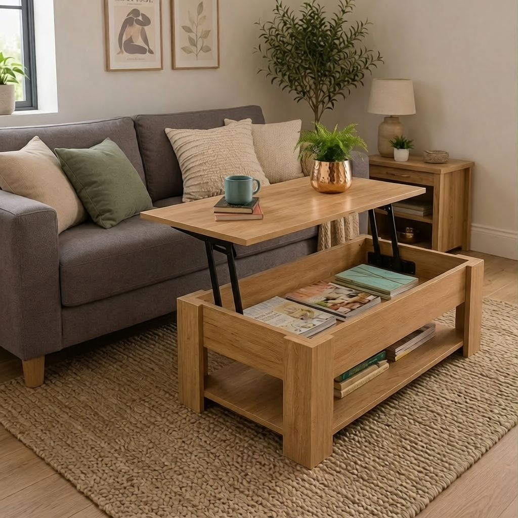 Home Source Coffee Table with Lift Up Top Storage Area and Magazine Shelf, Oak, Wooden