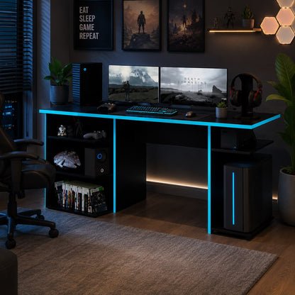 Madesa Gaming Computer Table and Office Desk with 5 Shelves and Cable Management, Wood, 136x75x60 Cm – Black/Blue