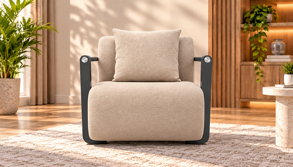 Modern Upholstered Armchair with Cushioned Backrest & Metal Frame