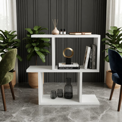 Modern White Asymmetrical Display Console Table with Open Storage Shelves
