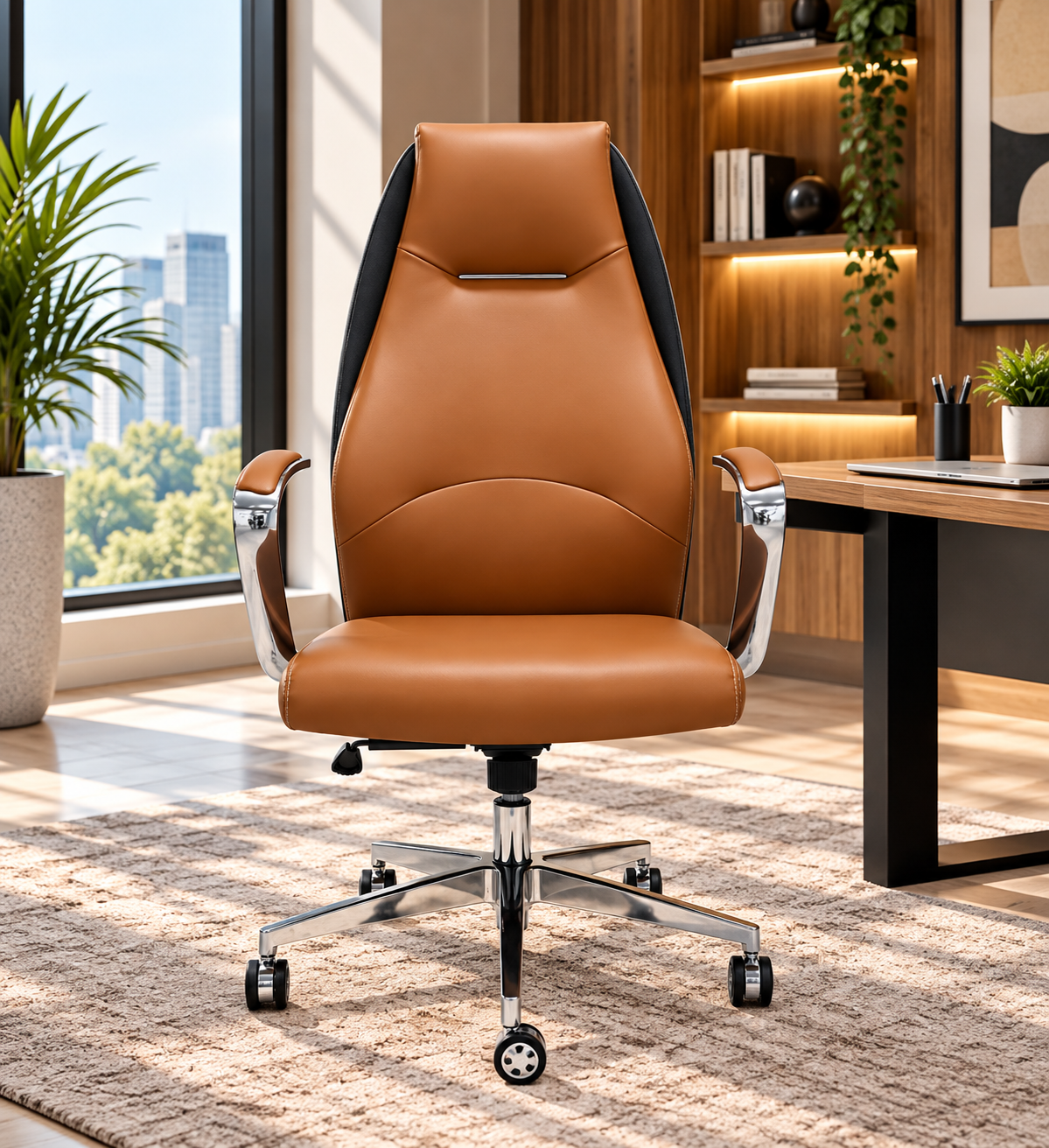 Modern Executive High-Back Office Chair with Padded Seat & Chrome Armrests