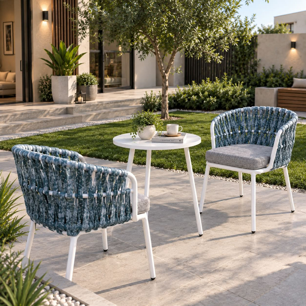 Modern Outdoor Woven Armchair with Cushioned Seat