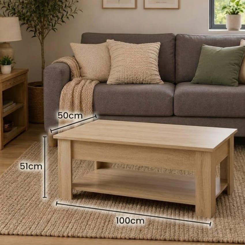 Home Source Coffee Table with Lift Up Top Storage Area and Magazine Shelf, Oak, Wooden