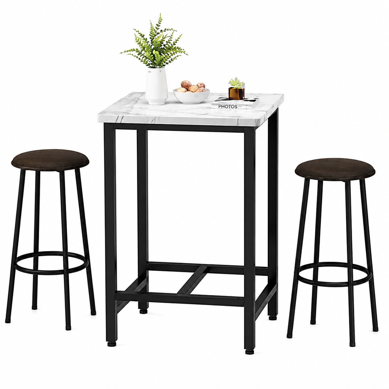 Bar Table Set of 2, Square Bar Table with Faux Leather Upholstered Stool