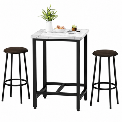 Bar Table Set of 2, Square Bar Table with Faux Leather Upholstered Stool