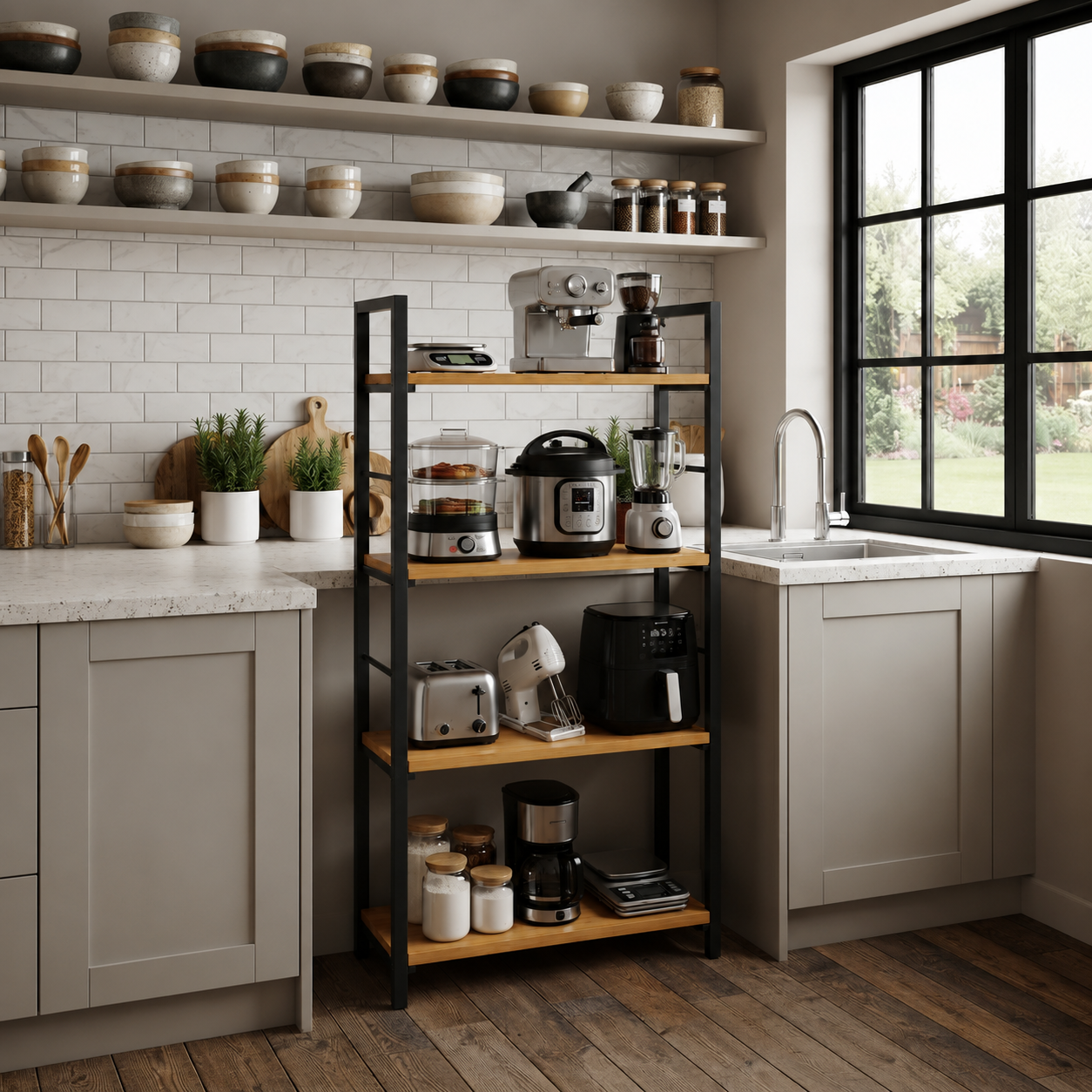 Metal Microwave Stand and Kitchen Organizer 4 Door, Black, Size 60 cm (W) x 150 cm (H) x 40 cm (D)