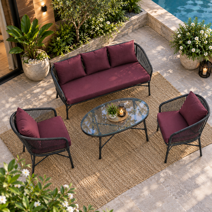 Modern Outdoor Wicker 3-Piece Lounge Set with Glass Coffee Table