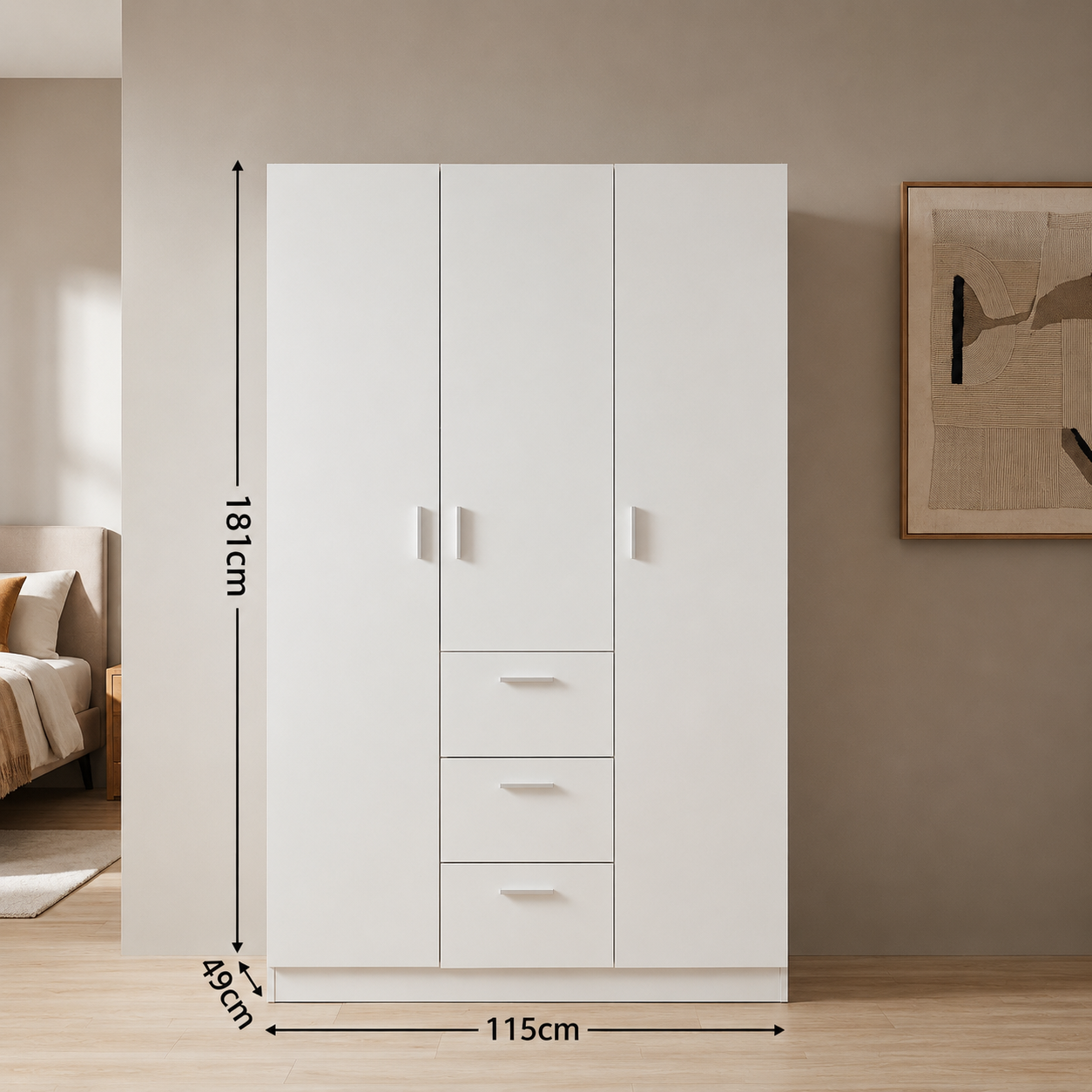 Modern 2-Door Wardrobe Closet with 3 Drawers & Shelves – Freestanding Bedroom Storage Cabinet, White