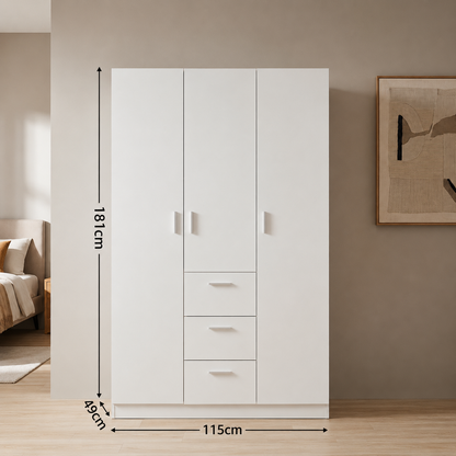 Modern 2-Door Wardrobe Closet with 3 Drawers & Shelves – Freestanding Bedroom Storage Cabinet, White