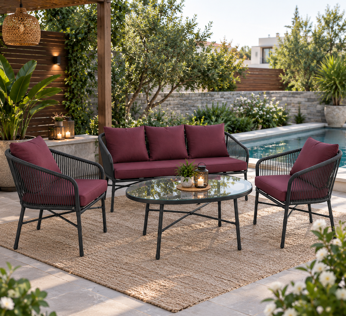 Modern Outdoor Wicker 3-Piece Lounge Set with Glass Coffee Table