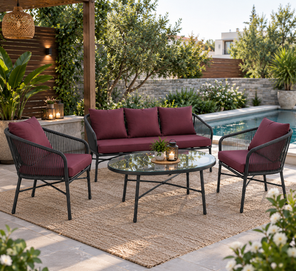Modern Outdoor Wicker 3-Piece Lounge Set with Glass Coffee Table