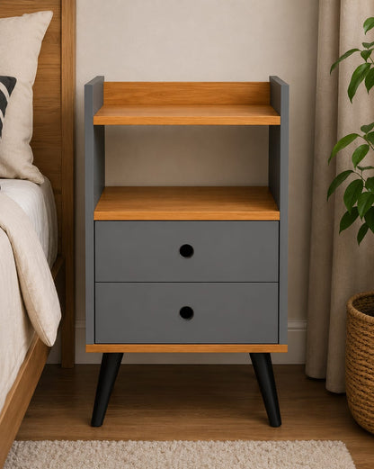 Bedside Table with 2-Drawers, Grey/Cinamomo