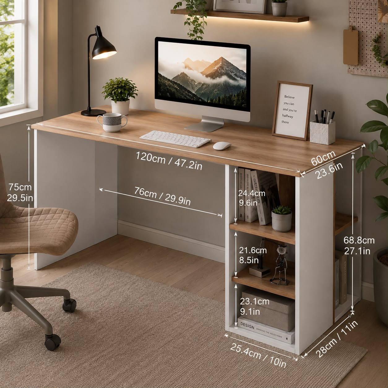 Coavas Office Computer Desk 47.2 Inch ps5 Gaming Desk with Drawers Kids Study Writing Desk Organizers with 5 Shelves Students Laptop Table Home Wood Workspace Conference Room Tables, Oak White