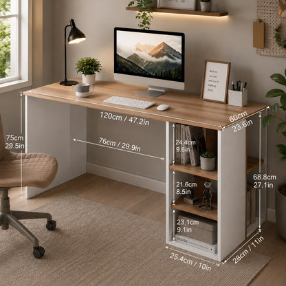 Coavas Office Computer Desk 47.2 Inch ps5 Gaming Desk with Drawers Kids Study Writing Desk Organizers with 5 Shelves Students Laptop Table Home Wood Workspace Conference Room Tables, Oak White