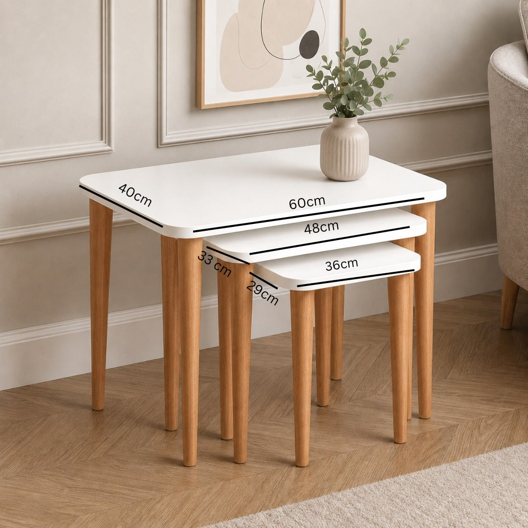 Modern 3-Piece Nesting Coffee Table Set – White Top with Wooden Legs for Living Room