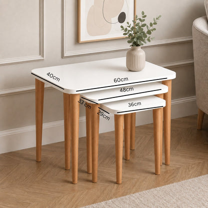 Modern 3-Piece Nesting Coffee Table Set – White Top with Wooden Legs for Living Room